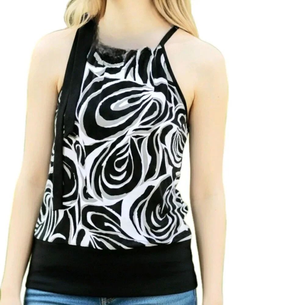 Perseption Concept High Neck Tank Womens Size M Black White Blouse Ruched